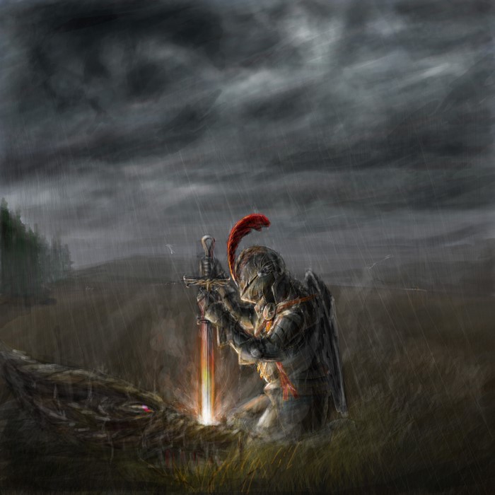 Knight kneeling in rain with glowing sword