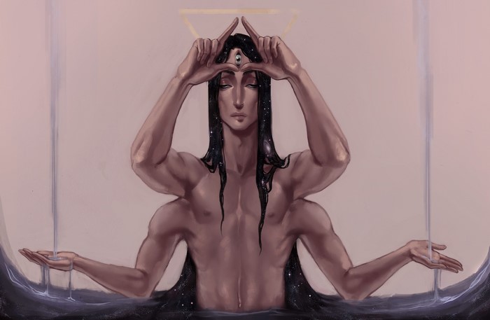Four-armed being with third eye meditating