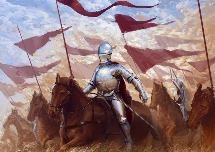 Knights in Armor on Horses with Red Flags