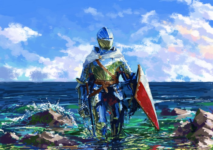 Knight in Armor with Shield in the Sea