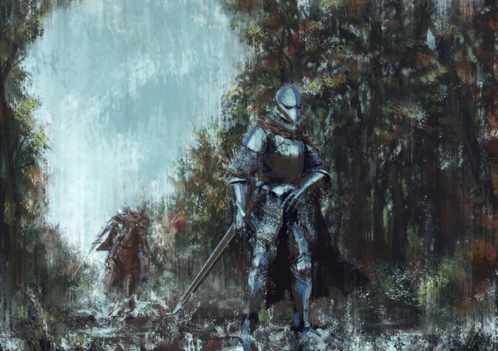 Knights in Armor with Swords in Forest