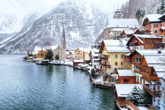 Hallstatt, Austria: Snowy Village on a Lake with Mountains