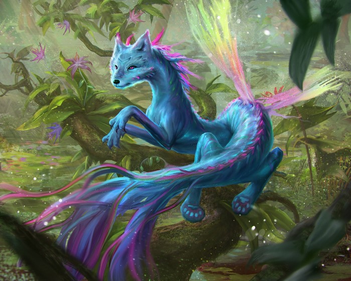 Blue magical fox with rainbow wings in a forest