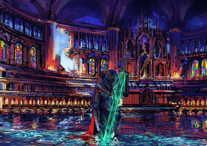 Knight with glowing sword in a flooded temple