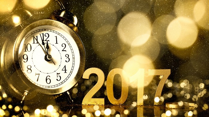 Alarm clock and 2017 numbers with bokeh lights