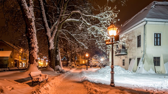Winter night in Samobor, Croatia with snow and street lights