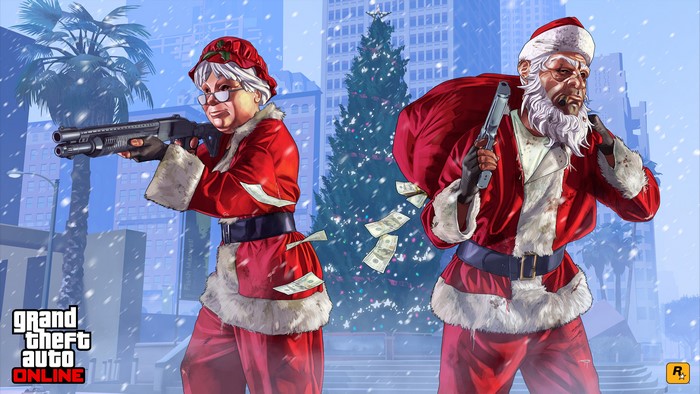 Grand Theft Auto Online: Santa Claus characters with weapons