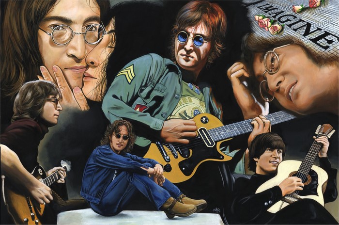John Lennon and Yoko Ono painting with guitars