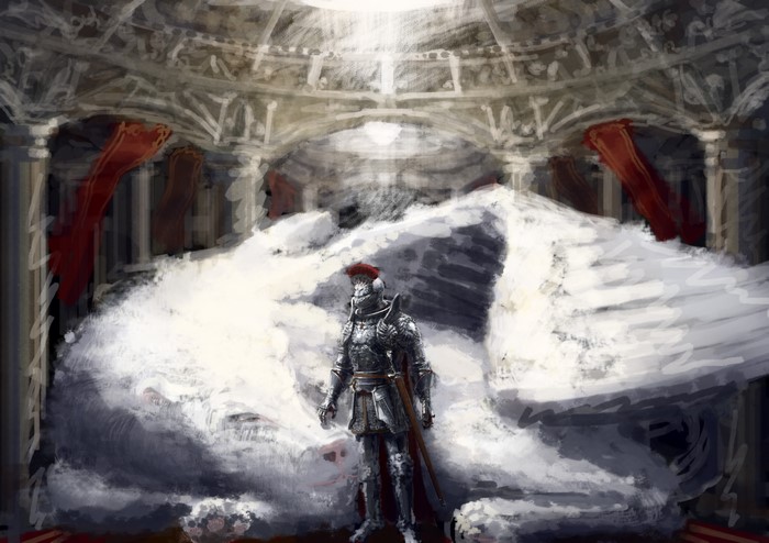 Knight standing before a large white dragon in a grand hall