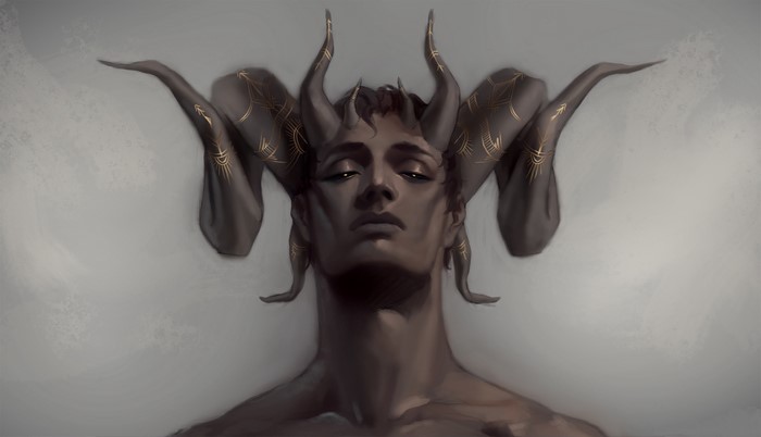 Demon with large horns and golden markings
