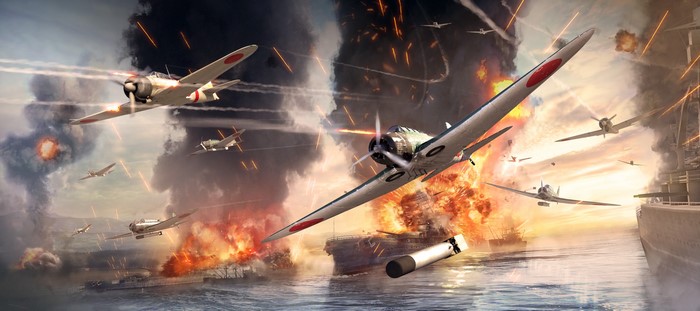 Japanese fighter planes in aerial combat over ships