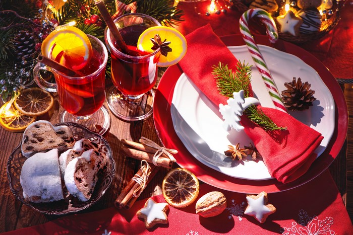 Christmas Table Setting with Mulled Wine and Pastries