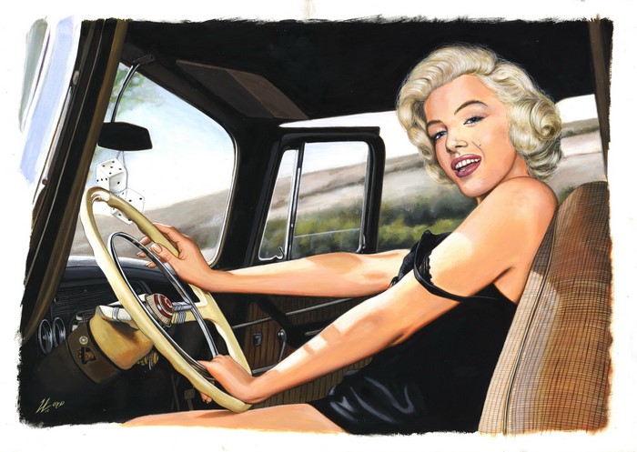 Marilyn Monroe driving a car