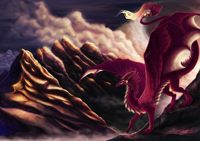 A red dragon perched on a mountain peak