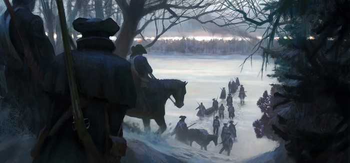 Soldiers and horses crossing a frozen landscape in winter