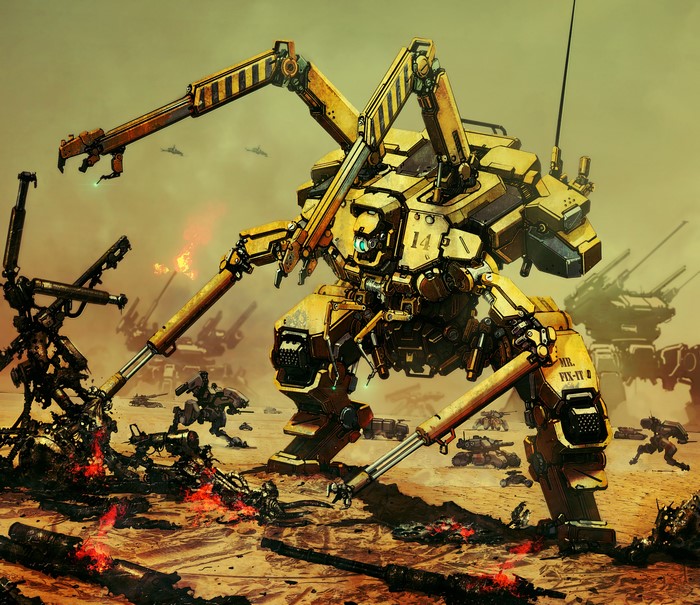 Yellow mech with robotic arms in a desert battlefield
