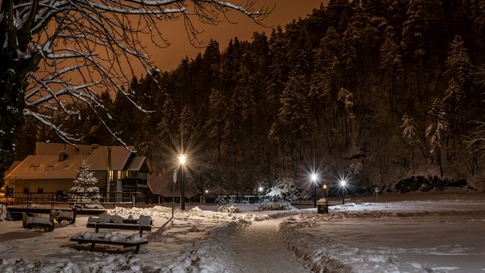 Winter night in Samobor, Croatia with snow and street lights