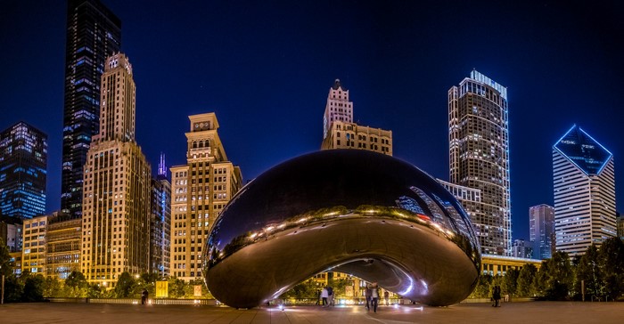 Chicago city skyline at night with Cloud Gate sculpture