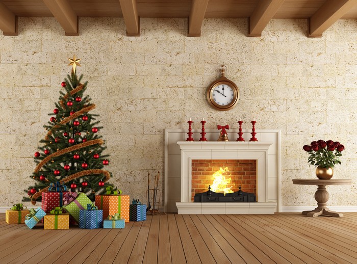 Christmas tree and fireplace interior with gifts