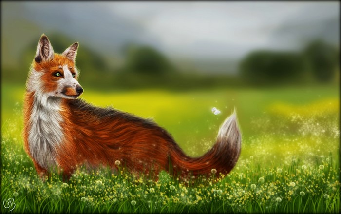 Painting of a fox in a field of flowers