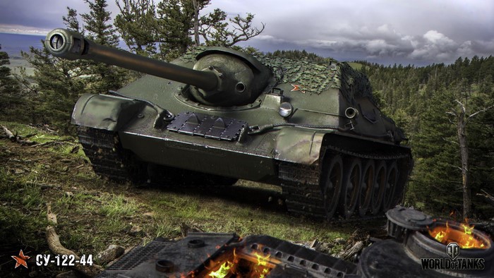 SU-122-44 tank from World of Tanks in a forest