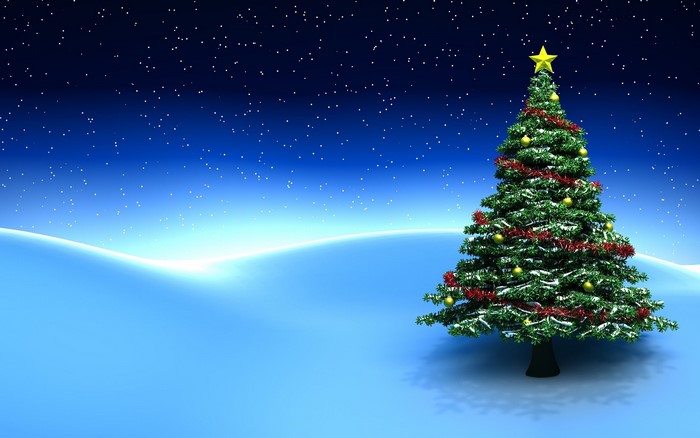 Christmas tree in a snowy landscape under a starry night sky