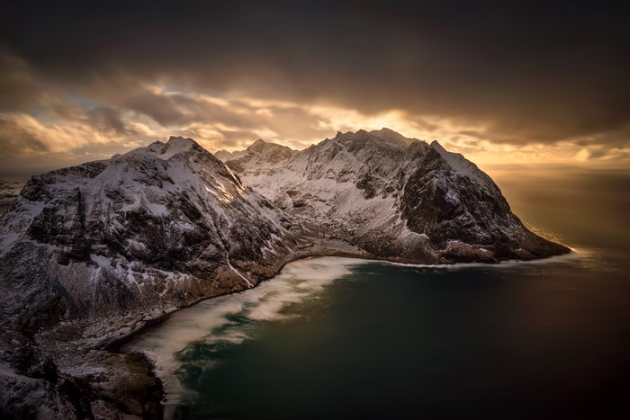 Snowy Lofoten Mountains and Sea at Sunset, Norway