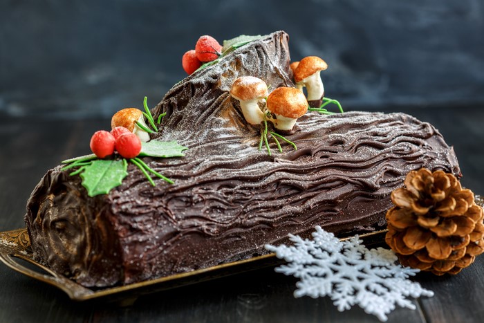 Chocolate Yule Log Cake with Christmas Decorations