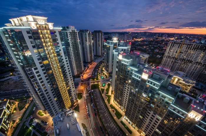 Aerial view of apartment buildings at dusk in Kiev, Ukraine