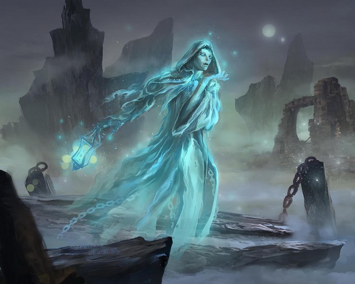 Ghost holding a lantern in a foggy graveyard
