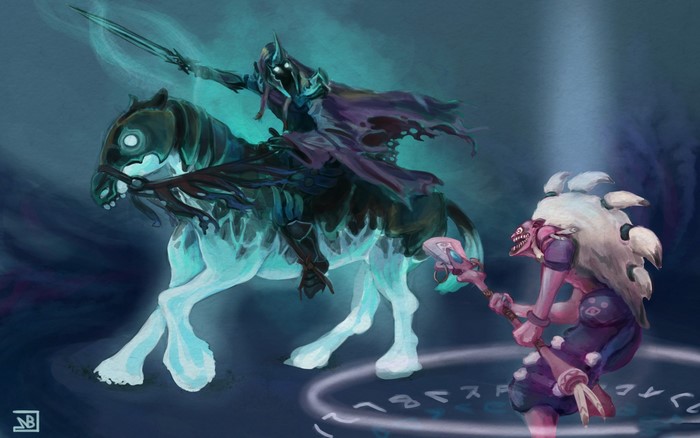 Undead warrior on a spectral horse confronts a shaman