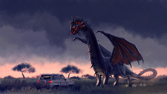 Dragon and Jeep in a Field at Dusk