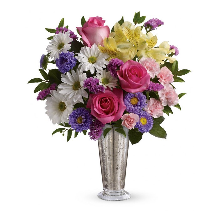 Pink Roses, Daisies, and Alstroemeria in a Silver Vase