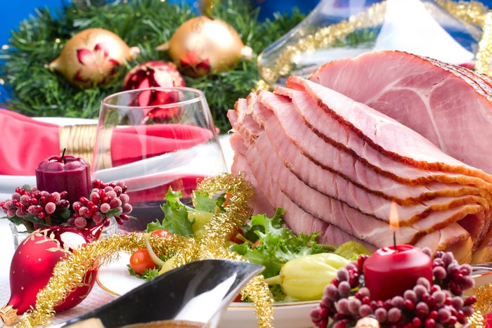 Christmas Ham with Candles and Stemware