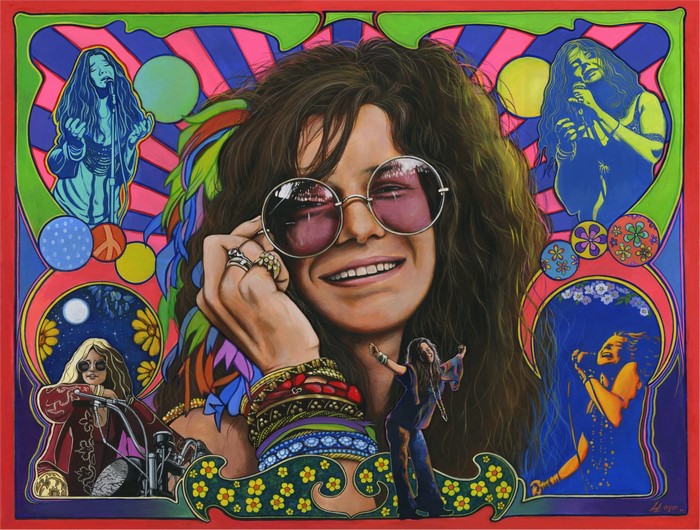Painting of Janis Joplin with psychedelic art