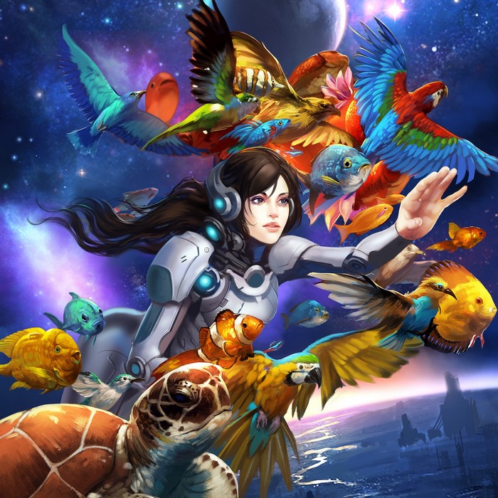 Woman in futuristic suit with birds and fish in space