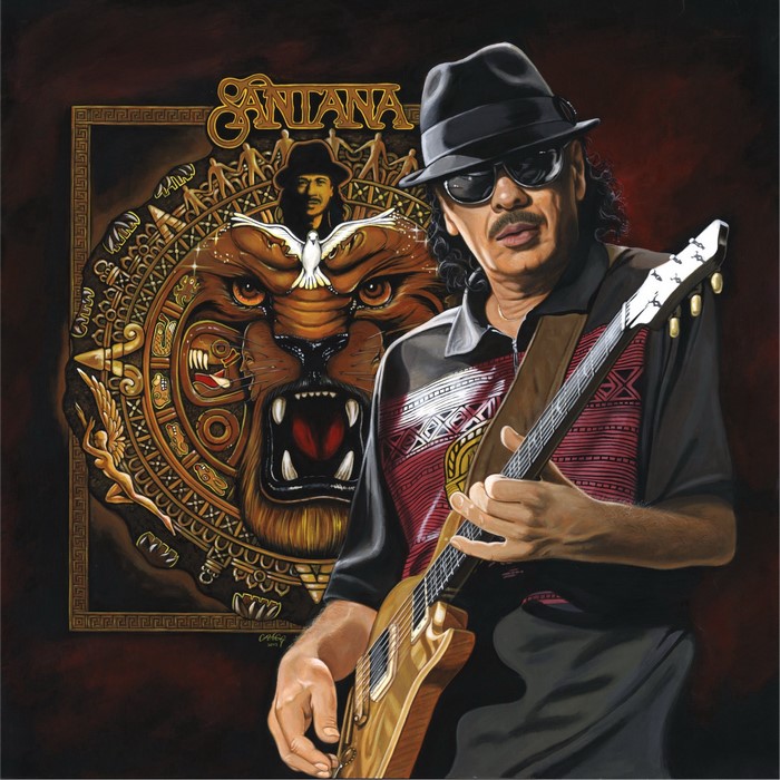 Carlos Santana playing guitar with Aztec-inspired artwork