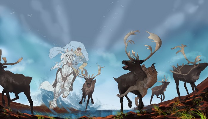 Man on white horse with deer and lynx