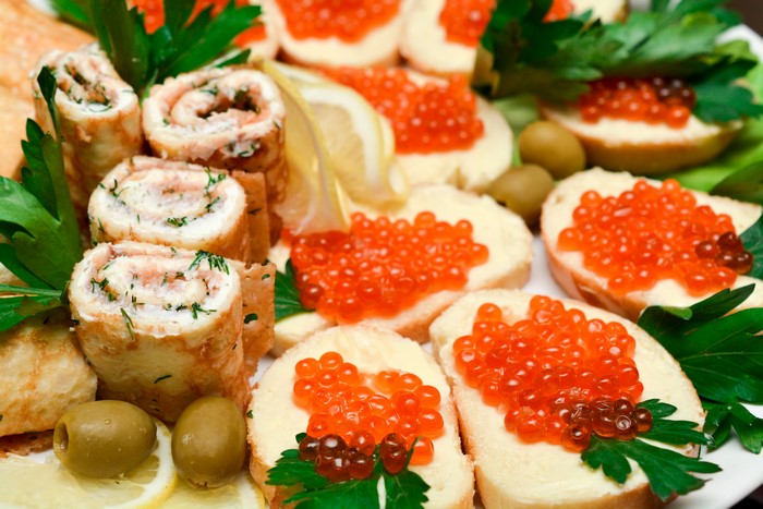 Seafood platter with caviar and rolled crepes