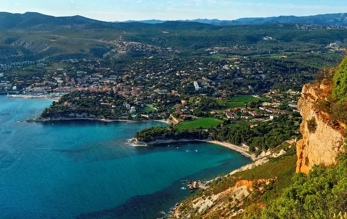 Aerial view of a coastal town and bay in Provence, France