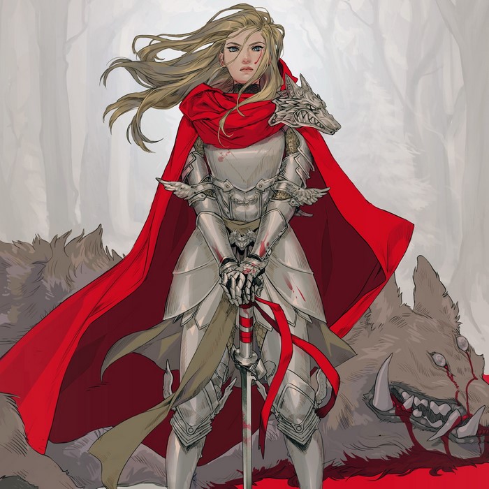 Warrior woman in armor with red cloak and wolf helmet