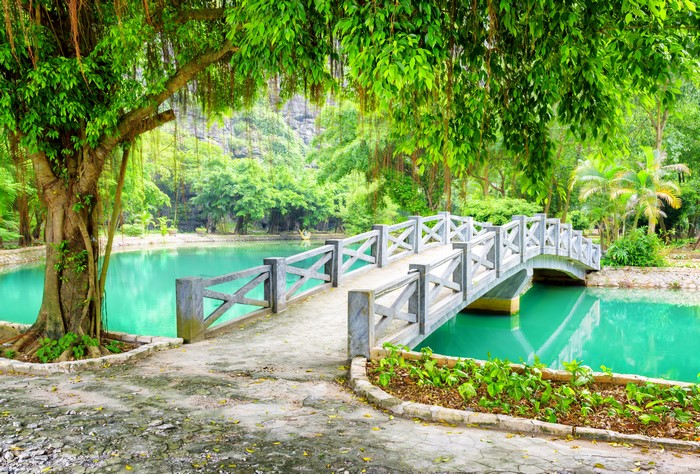Bridge over a turquoise pond in Ninh Binh Province, Vietnam