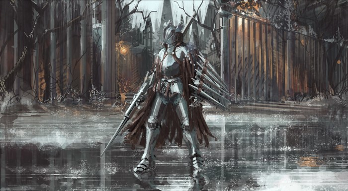 Knight in armor with a sword and shield