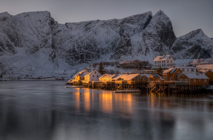 4K Reine Lofoten Norway Winter Mountains Houses Snow