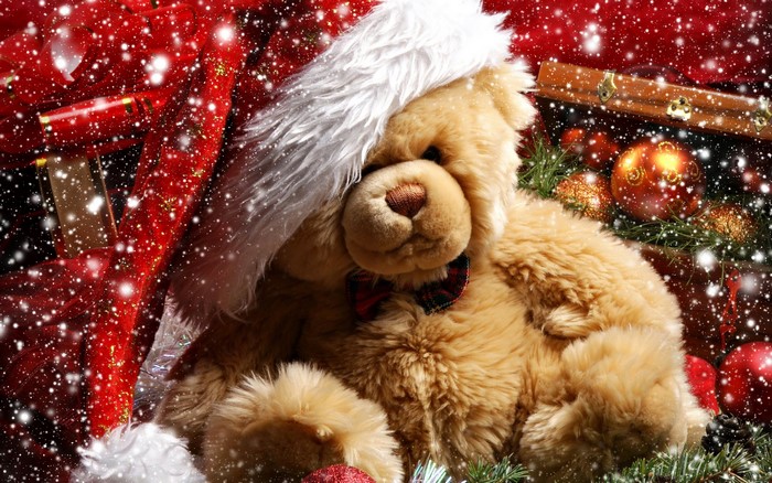 Teddy bear wearing a Santa hat with Christmas ornaments