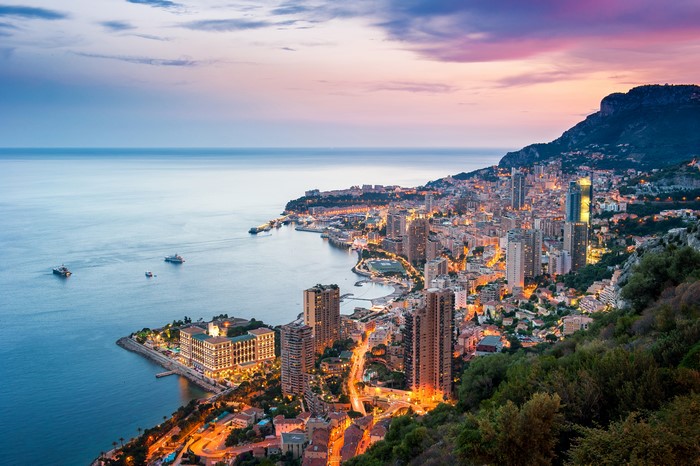 Monte Carlo, Monaco at dusk with the sea and mountains
