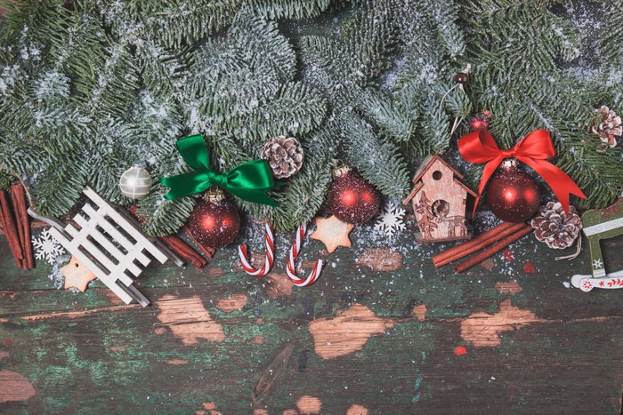 Christmas Decorations with Pine Branches and Ornaments