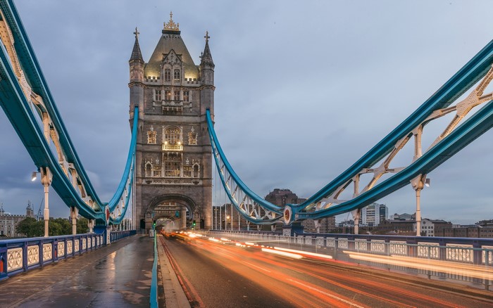 Tower Bridge, London, England at Dusk with Light Trails