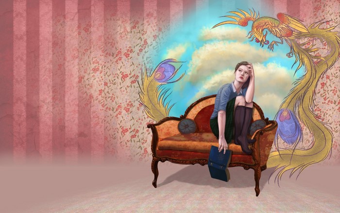 Painting of a woman sitting on an armchair with a book