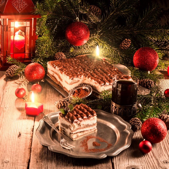 Christmas Tiramisu with Candles and Ornaments